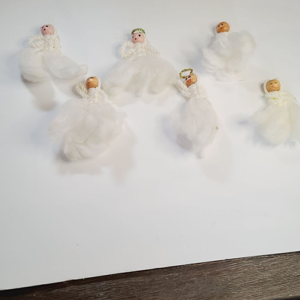 Vintage Macrame Wood Fluffy Angel Ornament Lot of 6
